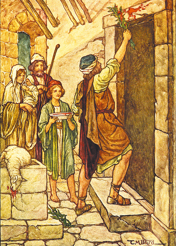 "With The Children On Sundays" 插畫，描繪以色列民將羔羊血塗在門框。