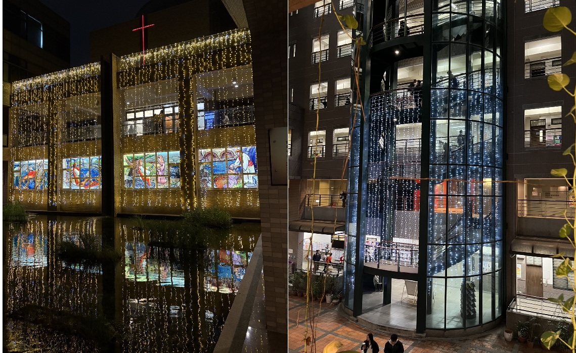 (左圖)瀑布窗簾燈自樓層垂落，如流動祝福為校園增添柔亮冬日詩意。(右圖)旋轉樓梯燈飾象徵學習向上與突破，展現中原教學研究持續精進。(中原大學提供)