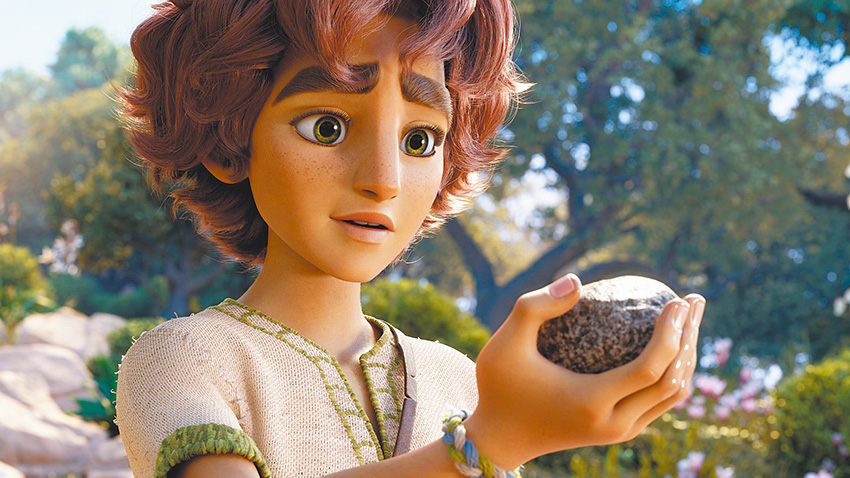 大衛在溪邊挑選迎戰歌利亞使用的石頭，一隻蝴蝶停在這塊石頭上，彷彿神在告訴他，挑這塊吧！