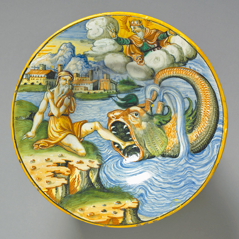 克利夫蘭藝術博物館收藏、十二世紀法國製陶盤繪製的約拿故事。