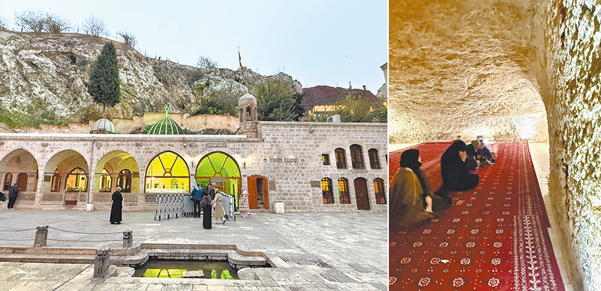 左圖：被認為是亞伯拉罕誕生的洞穴（北吾珥）。右圖：洞穴內祈禱的婦女。（王桂花攝影）