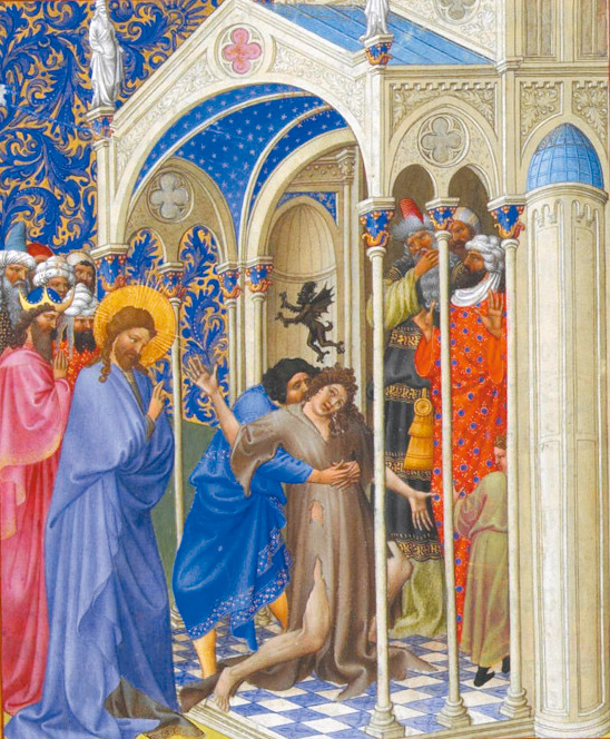 《貝里公爵的豪華時禱書》內頁描繪耶穌在會堂為一個年輕人趕鬼。林堡兄弟繪製。