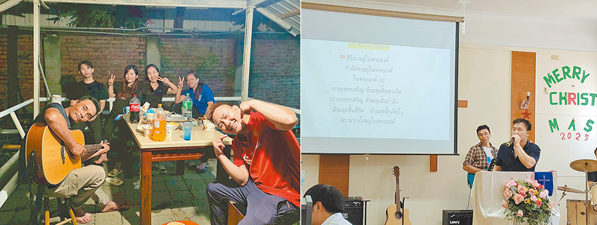 左圖：阿董融入團契生活，在暹羅園涼亭下敬拜。右圖：敬拜擔任吉他手的阿董。