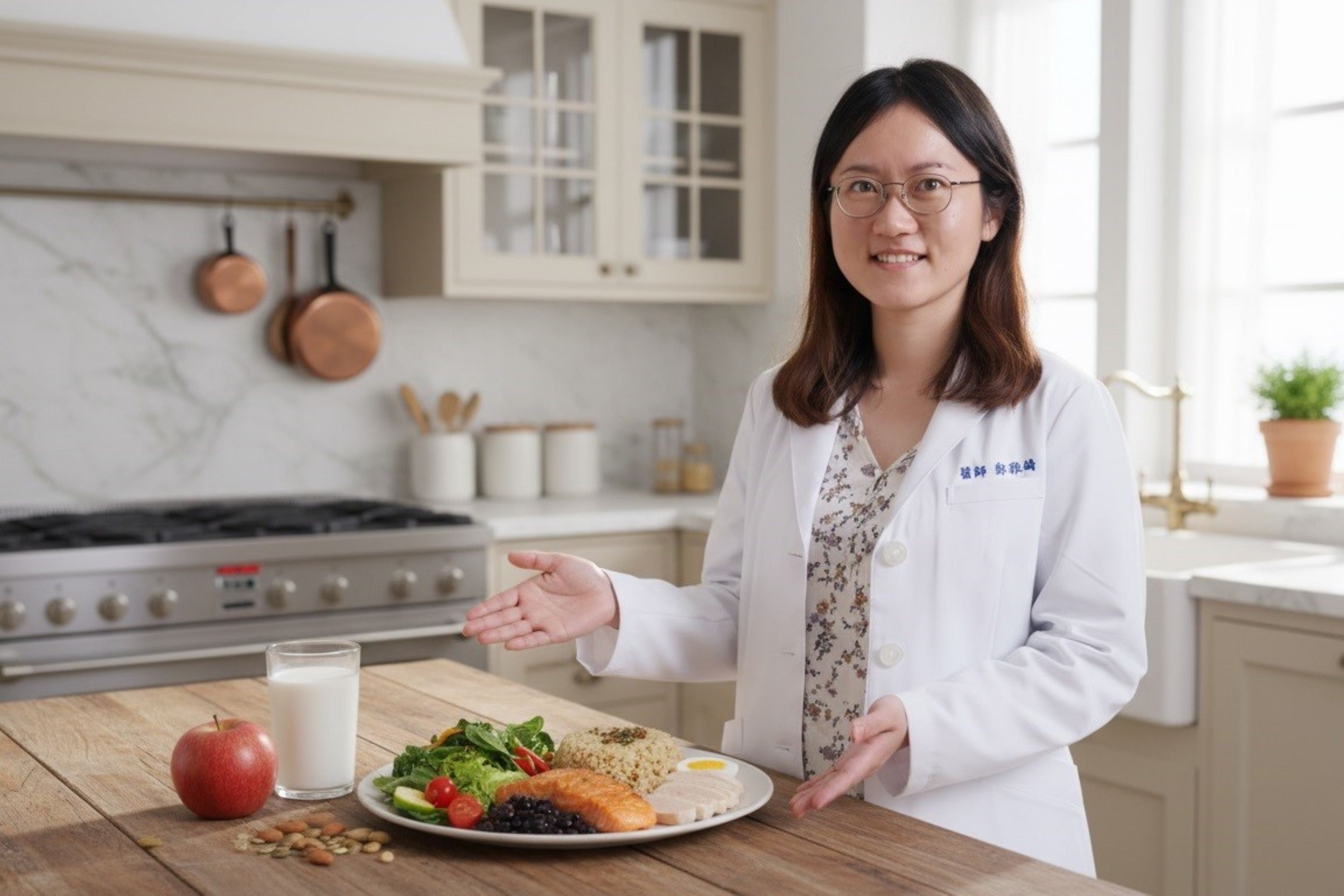 鄭雅綺醫師建議，以國民健康署推廣的「我的餐盤」原則作為年節飲食的基礎，落實六大類食物均衡攝取。(圖/嘉基提供)