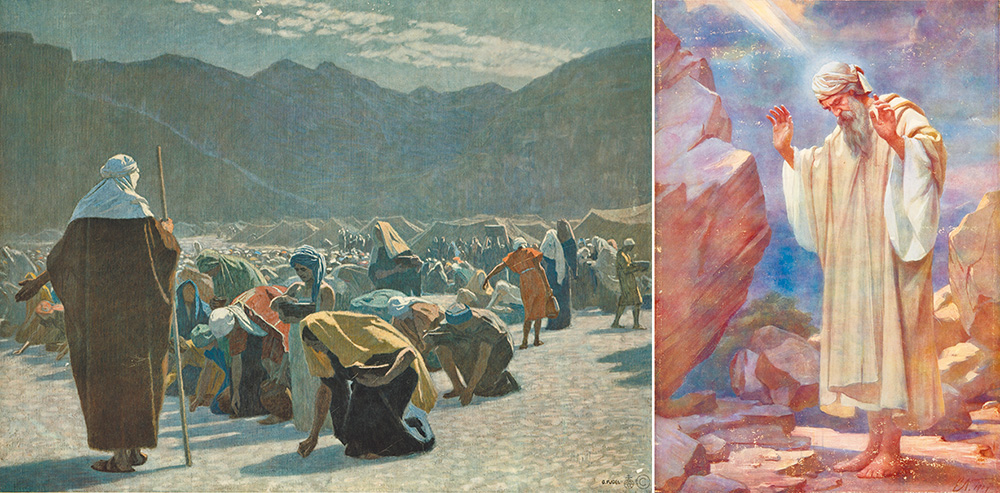 左圖："Manna is gathered in the desert", by Gebhard Fugel；右圖："The law given on Sinai", by Thomas Nelson & Sons