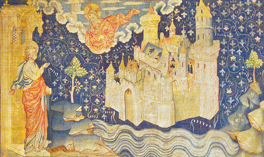 拔摩島的約翰目睹了上帝降臨新耶路撒冷的 景象。選自法國昂熱城堡的《啟示錄》掛毯。