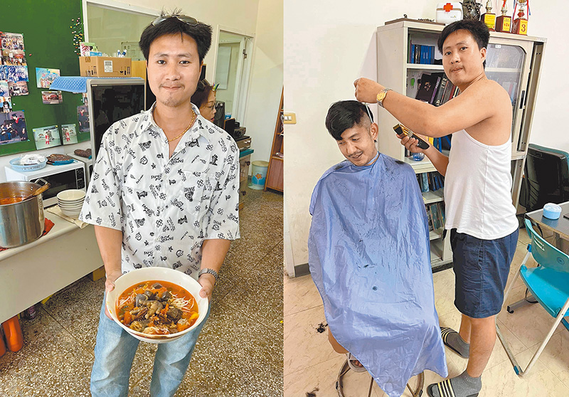 伍提與木棉花芯米線,伍提為弟兄剪髮。(作者提供)