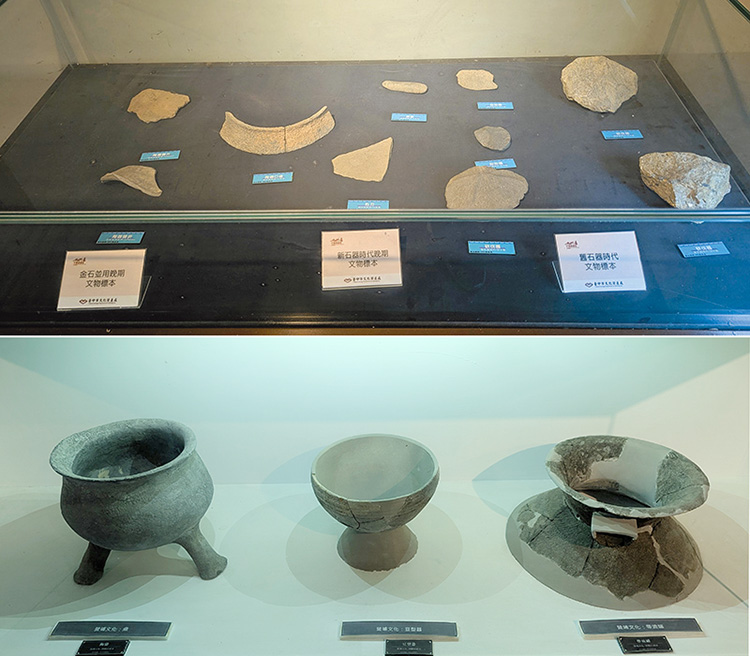 上圖：石器時代文化層挖掘出土的物品。下圖：營埔文化層的陶器。
