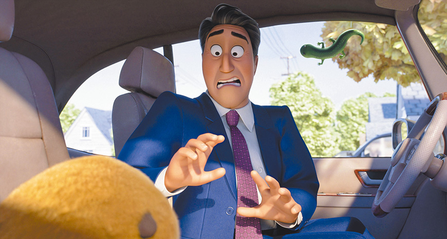 化身河狸的梅寶，要讓人類市長傑瑞聽到動物心聲。（劇照提供：迪士尼影業）