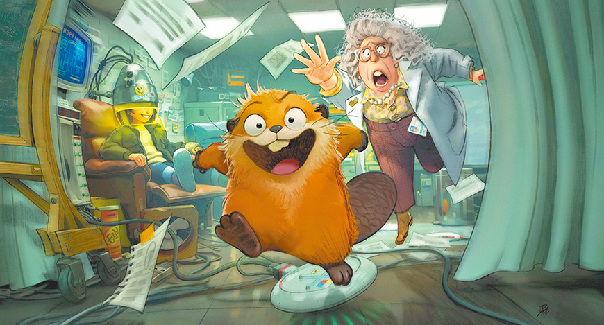 梅寶啟動珊教授的跳躍傳送技術，把意識轉入機器河狸身上。（劇照提供：迪士尼影業）