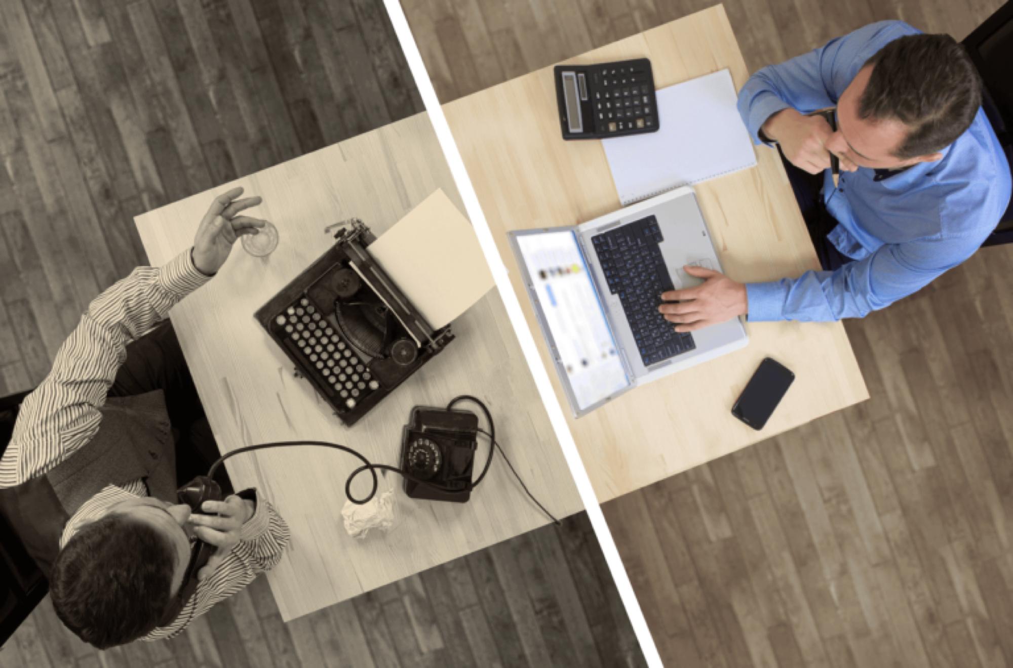 今昔記者寫稿對比。以前用打字機，今日使用筆電。（AI生成示意圖）