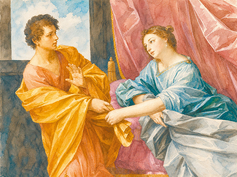 約瑟與波提乏之妻,參考"Joseph and Potiphar's Wife", by Guido Reni,AI重製。