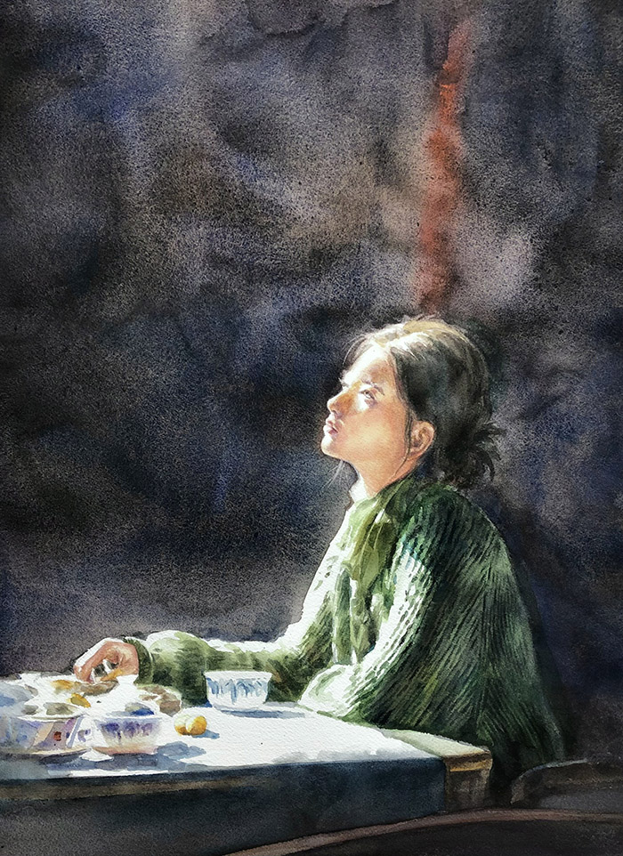 林德平水彩作品《向光的女孩》,2026年。