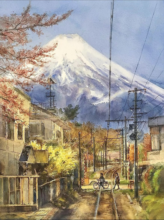 林德平水彩作品《富士山景》,2026年。