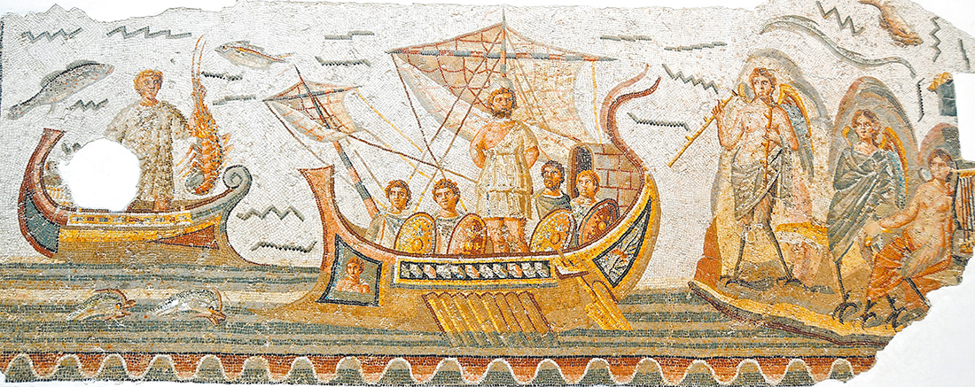 希臘神話中的奧德修斯(Odysseus),在拉丁語中稱為 Ulysses。這幅巴爾杜國家博物館收藏的馬賽克鑲嵌畫,描繪尤利西斯被綁在船桅上,以抵禦塞壬歌聲的誘惑。(來源:維基)