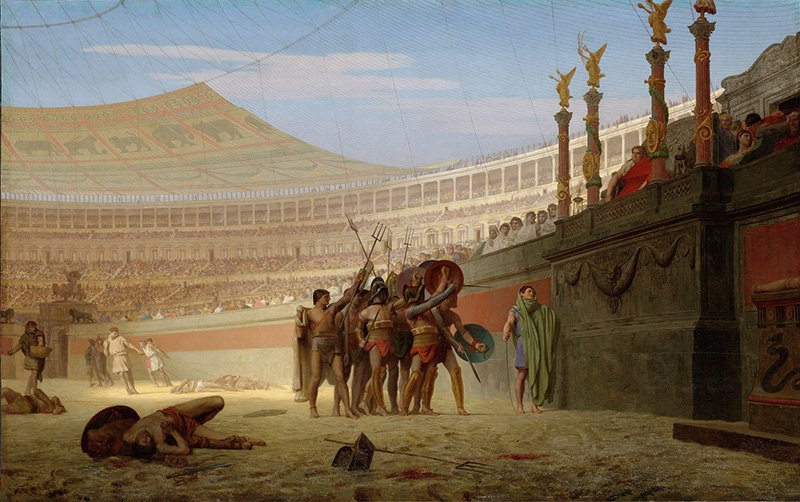 十九世紀法國畫家Jean-Léon Gérôme描繪角鬥士戰鬥前向皇帝致敬。